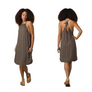 PRANA Epicanopy Dress Chocolate Brown/Cream Batik Print, Pockets, Sz M